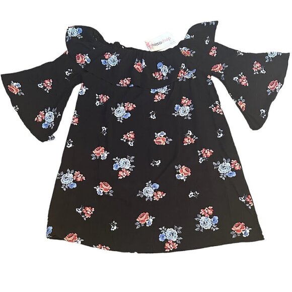 NWT Mittoshop Sz Large Loose A-Line Off Shoulder Floral Print Black Mini Dress - Picture 1 of 4